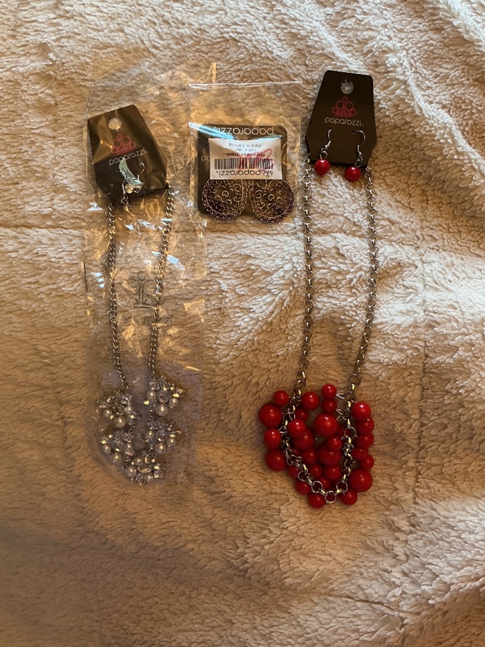 NEW Lot of Paparazzi jewelry 3 pair Earrings and 2 Necklaces Silver Red Purple